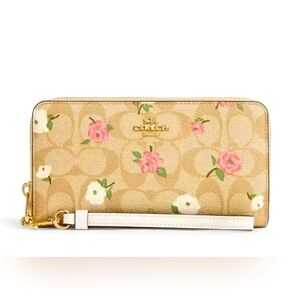 NWT Coach CR966 Long Zip Around Wallet In Signature Canvas With Floral Print
